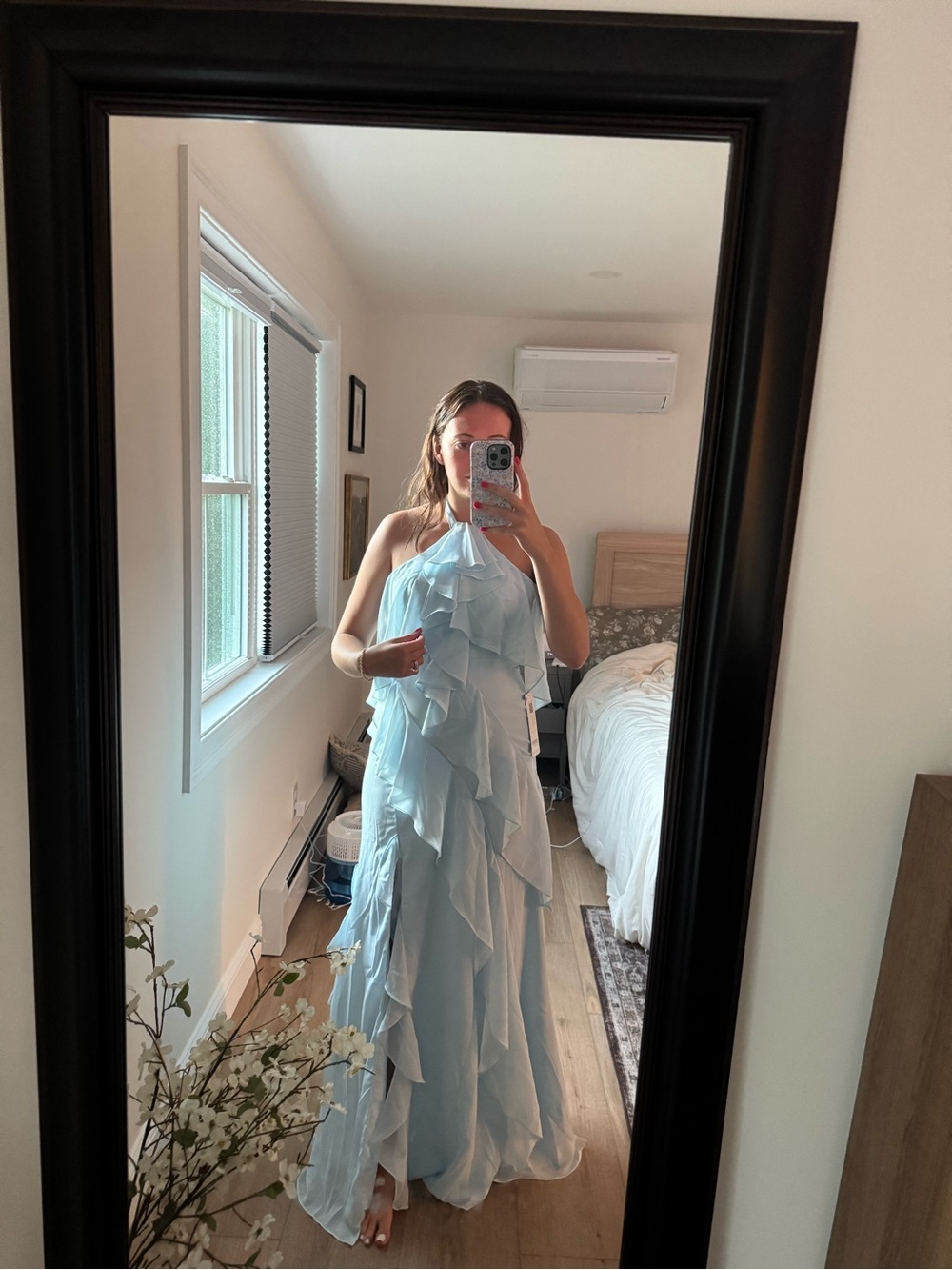 Azazie Light Blue Ruffle Halter Maxi Dress